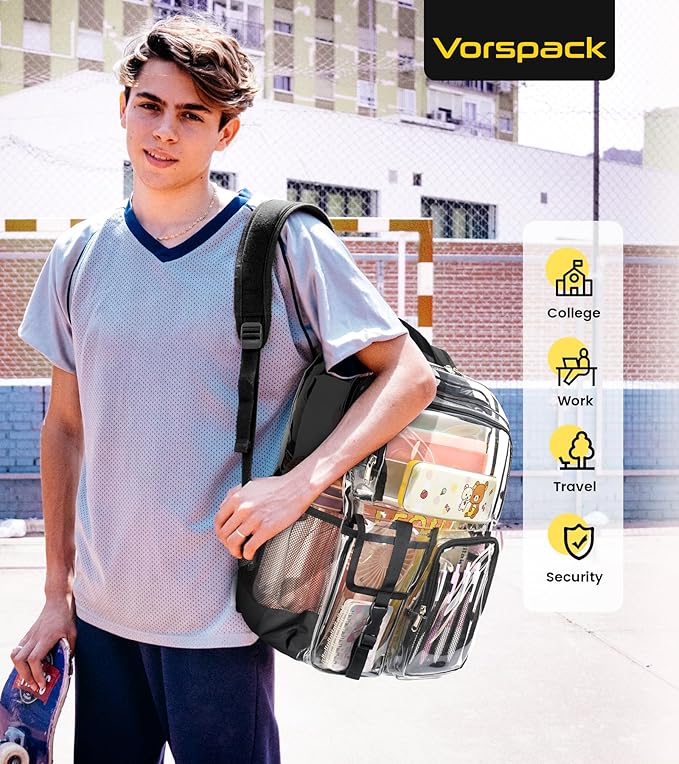 Vorspack Clear Backpack for School - Heavy Duty Transparent Bookbag for Girls Boys Extra Large See Through backpacks for Work, College, Travel - Black