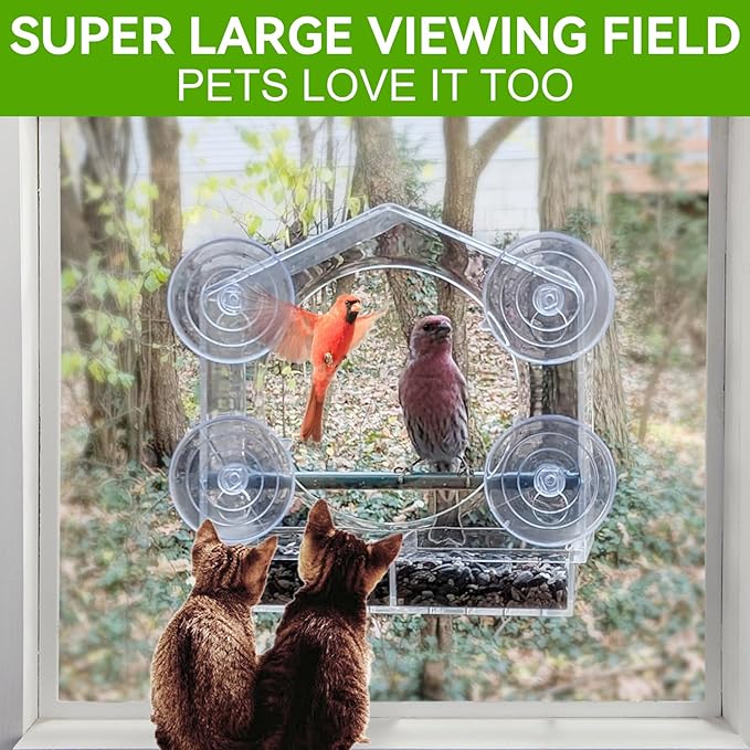 Window Bird Feeder - 4 Strong 2.36" Suction Cups - Clear Acrylic Birdhouse for Outdoors, Removable Tray, Birdwatching Gift for Parents