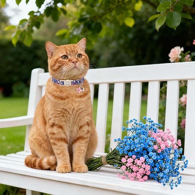 2 Pack Flower Cat Collars Breakaway with Bell, DOGWONG Safety Buckle Blue Plaid Cute Cat Collar for Girl Boy Cats,Adjustable 7-12 Inch