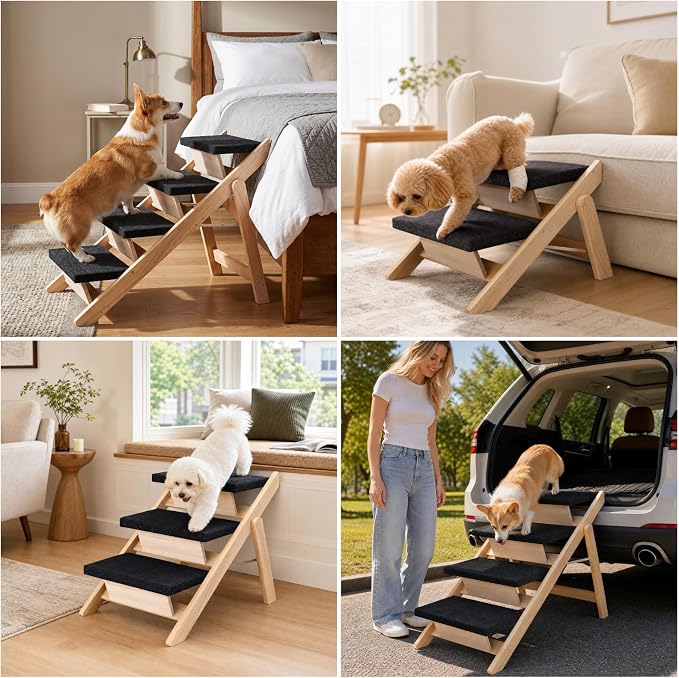 Dog Stairs/Ramp for Bed, Wooden 2-in-1 Foldable Pet Stairs & Ramp, Portable Dog Ladder Up to 180 Pound for Elderly/Short-Legged Dogs, 3 Steps for Beds, Couch