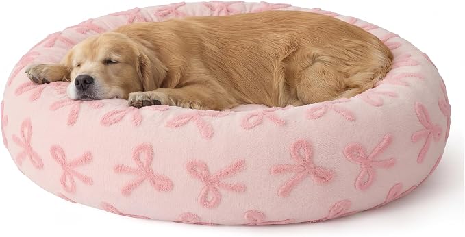 LE SURE Shown on TV Donut Dog Bed Extra Large Size Dog - Round Pet Beds for Calming Puppy with Washable Cover, Orthopedic Modern Beds with Jacquard Shaggy Plush & Anti Slip Bottom, 42 Inch,Pink Taffy