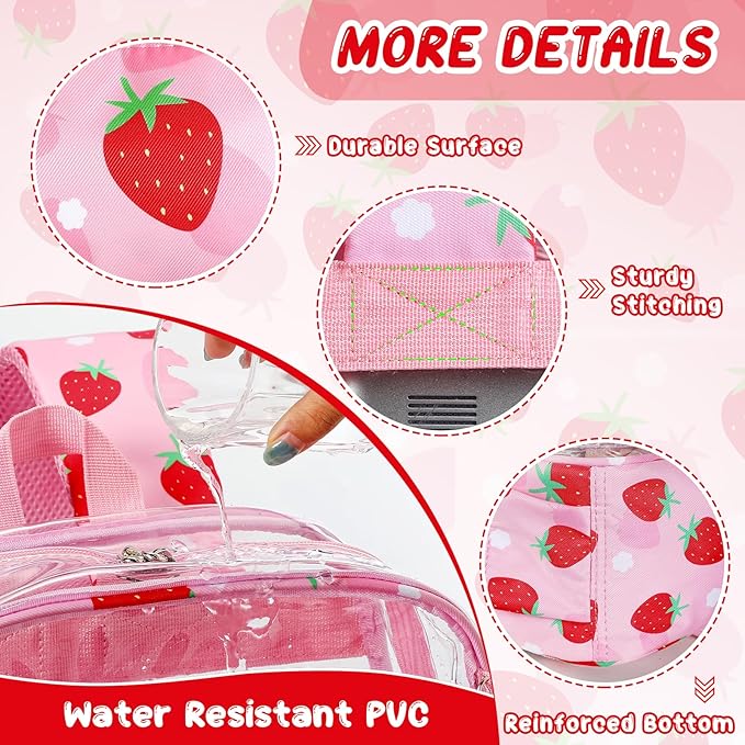 Clear Backpack for Kids, Strawberry Backpack for Girls, Water-Resistant See Through Bookbag with Chest Strap for Preschool Kindergarten College Travel Stadium Work Concert