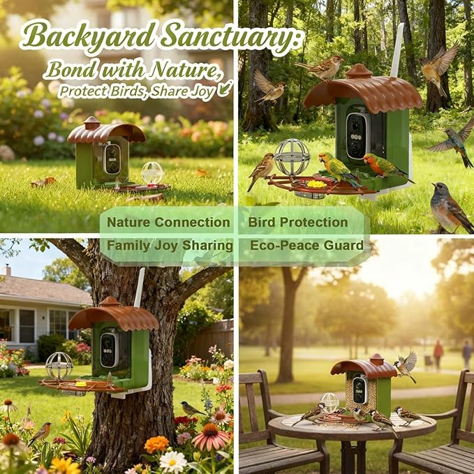 Bird Feeder with Camera, Smart Bird Feeder Camera with AI Identify BirdSpecies, Solar Powered, Instant Alerts, 2K HD Video, Various DIY Addons, 2.4G WiFi, Gift for Mom Dad Birdlover (Green)