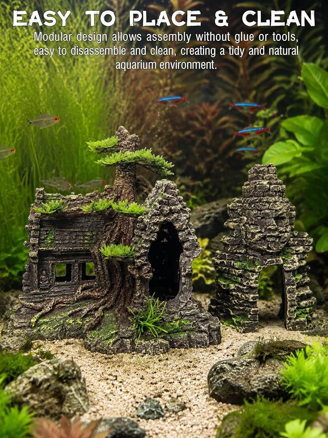 Aquarium Decor - Large Fish House Ornament for Fish Tank, Aquarium Hideout with House Texture for Betta, Guppy, Shrimp - Aquatic Hide Decoration, Fish Hiding House(Tree House)