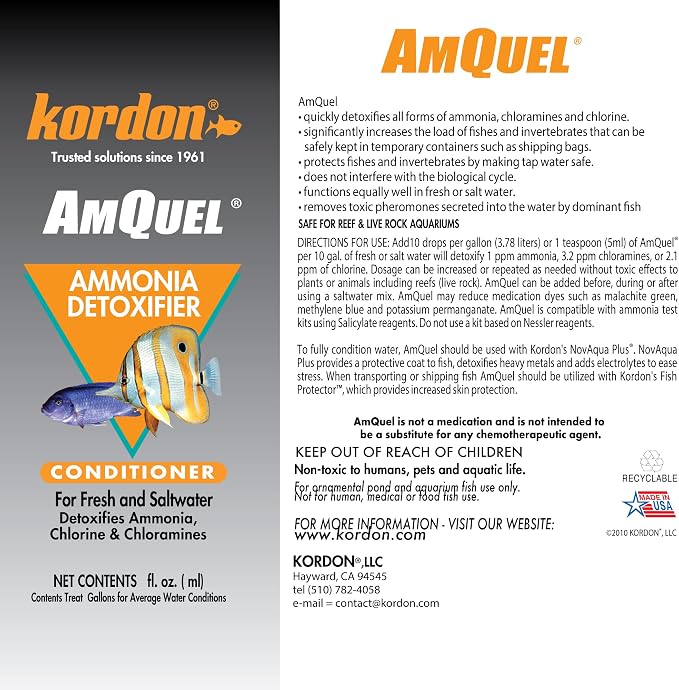 KORDON #31248 AmQuel Ammonia Control and Detoxifies Chloramine for Aquarium, 8-Ounce