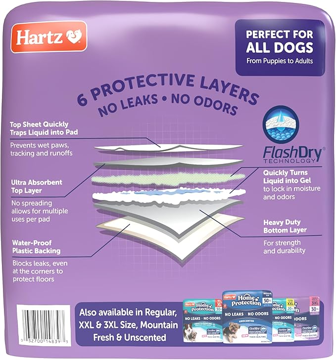 Hartz Home Protection Super Absorbent Odor Eliminating Lavender Scented No Leak Dog Pads,XL 30 Count (Pack of 2)