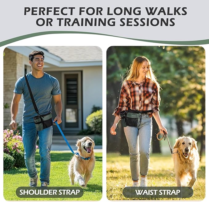 Dog Treat Training Pouch with Magnetic Zipper Closure - Built-in Poop Bag Dispenser, Side Pocket for Dog Water Bottle, 3 Ways to Wear,Carry Kibble & Pet Toys (GrayishGreen)