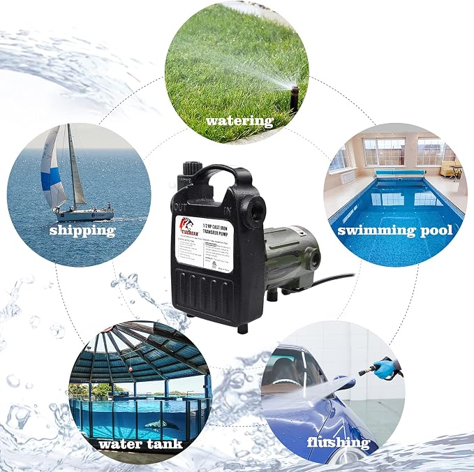 TIGEROAR 120V Water Transfer Pump 1560 GPH Cast Iron 1/2 HP Electric Pump | Portable Pump with 6 ft. Power Cord for Pool Pump with Multipurpose Heavy Duty Water Transferring Irrigation Car Washing
