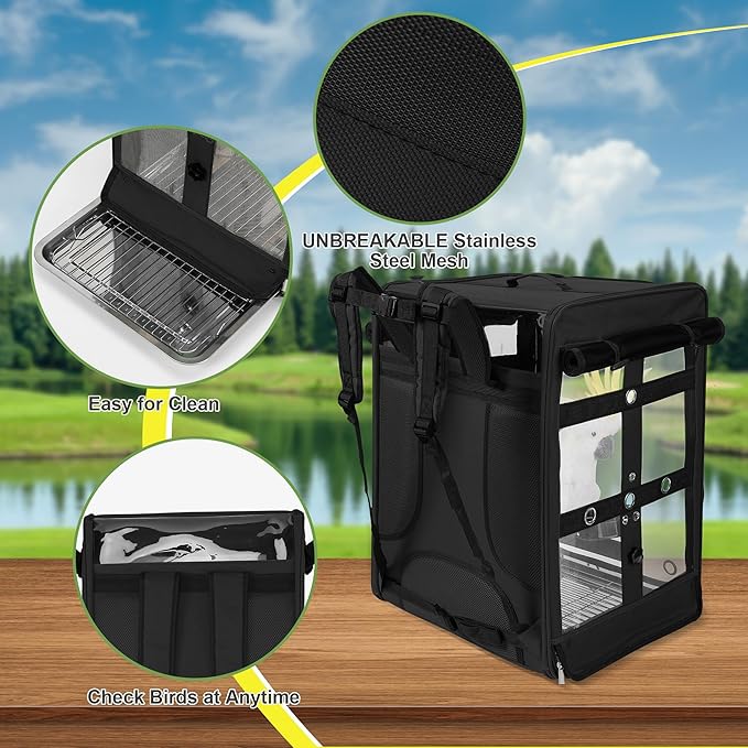 Bird Carrier Travel Cage, Cockatoo Carrier, Parrot Travel Backpack with Unbreakable Stainless Steel Mesh, Perch, Water Bottle and Food Bowl, X-Large Black