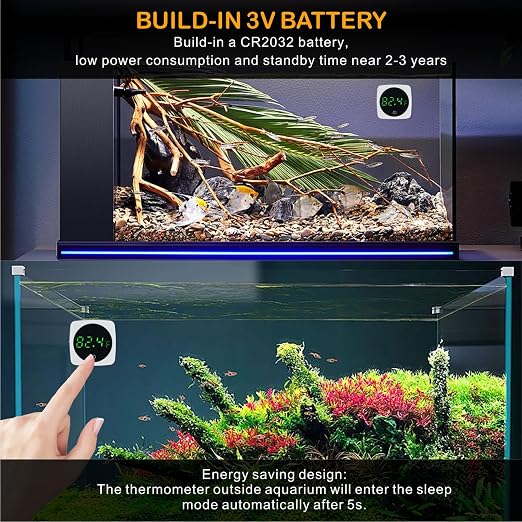 Aquarium Thermometer, Digital Fish Tank Thermometer Stick On, LED Display ±0.9°F with Touch Button for Aquatic Pets, Fish, Betta Axolotl & Turtle (2)