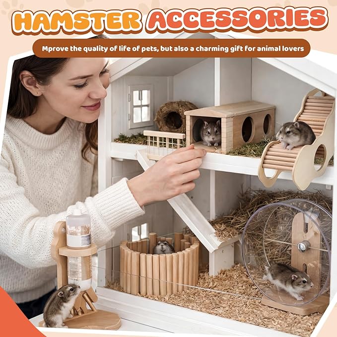 6 Pcs Hamster Toys Set, Maze Wood House, Climbing Ladder Wooden Bridge Tunnel Toy Platform Silent Exercise Running Wheels and Water Bottle Set for Rat Guinea Pig Habitat Cage(Premium)