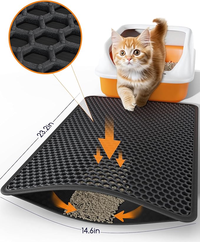 Powools Cat Litter Mat - 23.2" x 14.6" Small Litter Box Mat with Double Layers, Urine-Proof and Non-Slip Litter Trapping Mat, Easy to Clean Kitty Litter Mats for Floor, Scatter Control, Black
