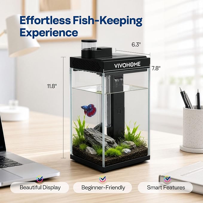 VIVOHOME 2 Gallon Smart Fish Tank with APP Control and Auto Feeder | Aquarium Starter Kit with Filter and Pump, Temperature Display, RGB LED Light, Desktop Nano Aquascape Tank for Shrimp, Betta