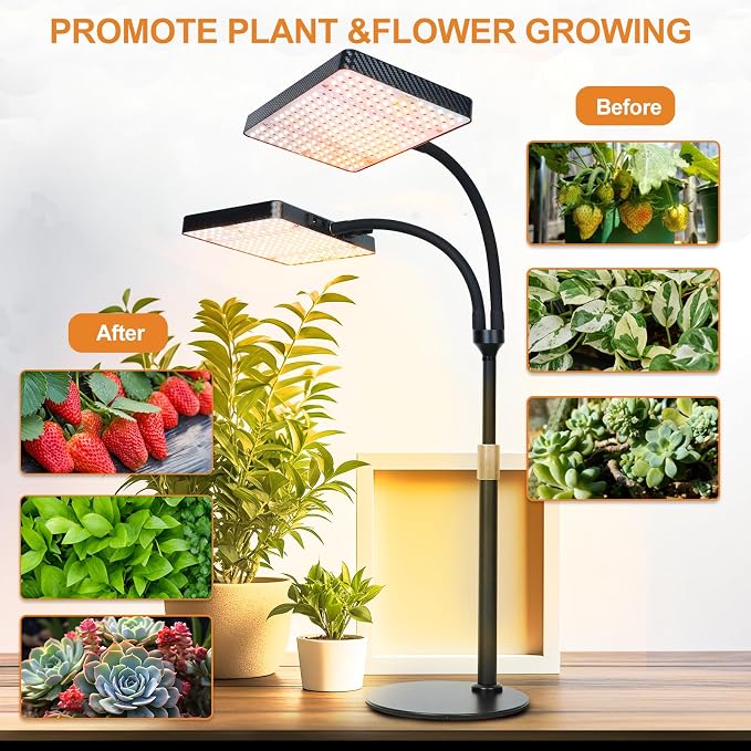 FECiDA 2Head Tabletop Grow Lights for Seed Starting, Indoor Plants, Bonsai | 50 Watt Power Draw, Super Bright and Big Coverage, 5-Mode Timer 4/8/12/16/20 Hr, 16"-24" Height Adjustable