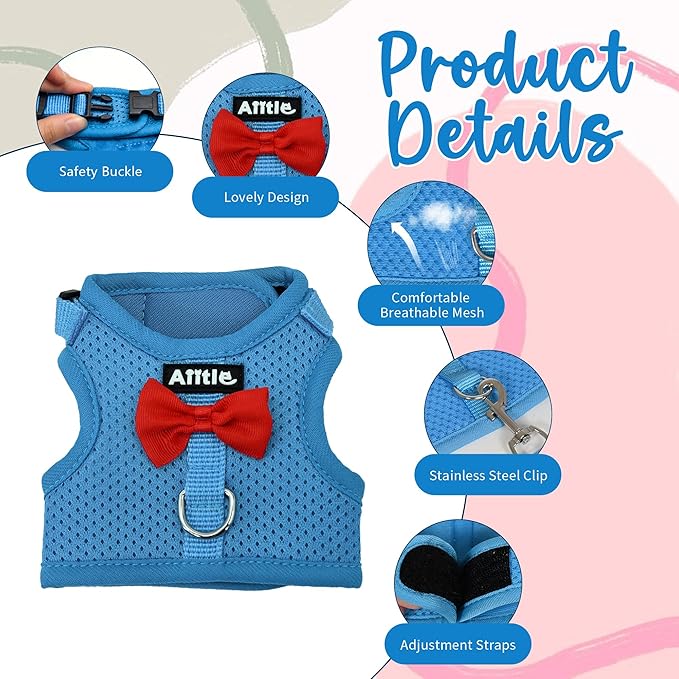AIITLE Bunny Harness and Leash Set with Cute Bow, Soft Breathable Mesh Vest Harness for Rabbits Kitten Ferret Small Pig Puppy Walking Supplies Blue M