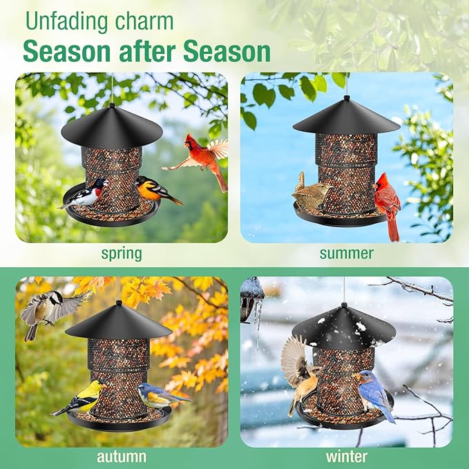 Bird Feeder for Outdoor Hanging, No Mess No Spill - Birdfeeder for Outdoor, Squirrel Proof Bird Feeder w/Catch Tray - Large Capacity All-Metal for Outside Hanging