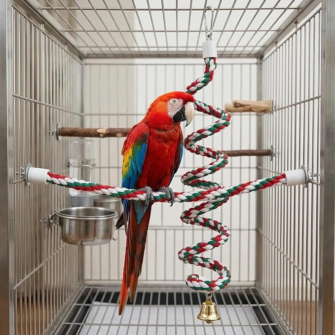 2 Pack Bird Ropes Straight & Spiral Flexible Cotton Rope with Bell Bird Cage Toys for Parakeets Cockatiels Budgies Lovebirds Conures