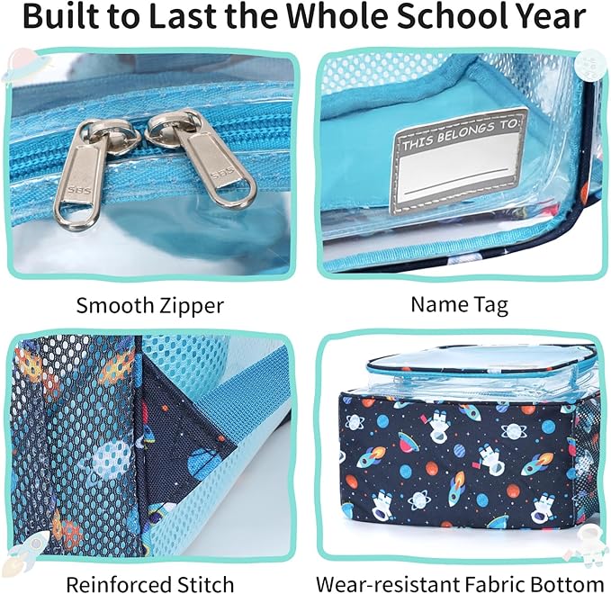 Clear Backpack for Boys, 15 Inch Heavy Duty Transparent Bookbag for Kindergarten to 2nd Grade, PVC See Through Daypack with Reflective Straps, Fits Standard Folders, Blue Space Astronauts