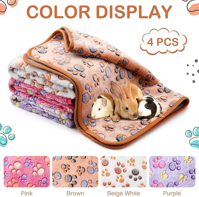 Reginary 4 Pcs Waterproof Guinea Pig Blankets Washable Small Animal Fleece Bedding Guinea Pig Cage Liners Reusable Training Pads Pet Pee Pad Sleep Mat for Hamster(Paw Print,28 x 41 Inch)