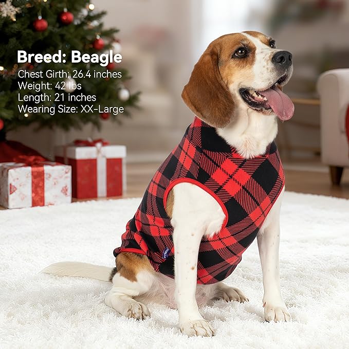 cyeollo 2 Pack Small Fleece Chritsmas Dog Sweater, Stretchy Pullover Soft Dog Jacket Reflective Female & Male Sweatshirt Pet Clothes Coats for Small Dogs Boy & Girl, Red & Buffalo Plaid L