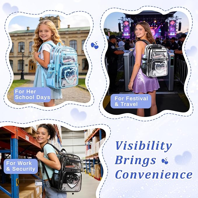 Clear Backpack for School Girls, Cute Heavy Duty PVC Transparent Bookbag, See-Through Bag for Stadium Event Black