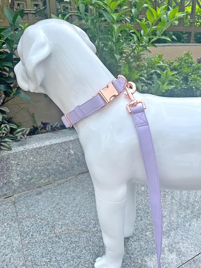 Dog Collar and Leash Set.Soft and Easy to Clean Vegan Leather with Rose Gold Metal Buckle for Small Medium Large Dogs (Light Purple, L(15.4”-24.8“)