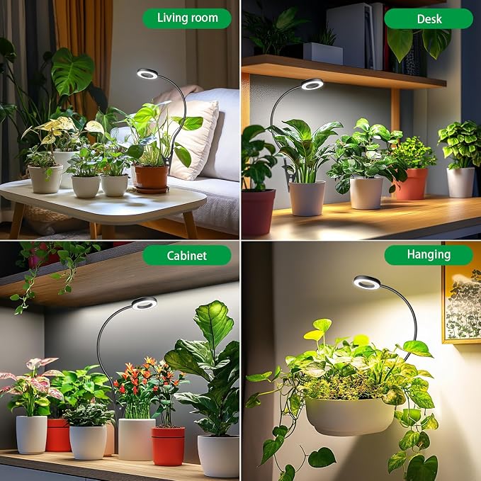 Plant Light Black 2 Pack, Clip on Grow Lights for Indoor Plants | LED Full Spectrum Halo Grow Lamp, 6/12/16H Timer, 5 Dimmable, 3 Modes, 2 Installation Options Clip or Plug, 360° Gooseneck