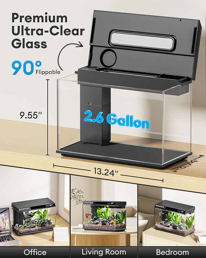 BUCATSTATE 2.6 Gallon Small Fish Tank, 3 Stage Filtration Aquarium (Black) | Independent Waste Compartment Aquarium, Quiet 3 in 1 Pump, Real-Time Temp Display, 8-Mode LED Light, Multi Safety Protection
