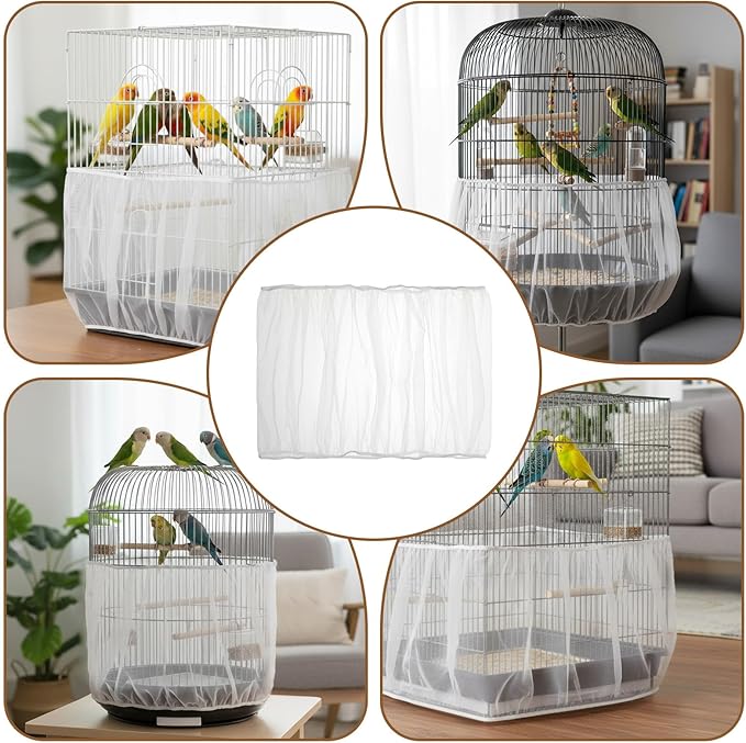 Bird Cage Net Seed Catcher Net Cove White Adjustable Breathable Mesh Parrot Cage Skirt Guard for Parrot Cockatiel Budgie Fits Round Square Cages