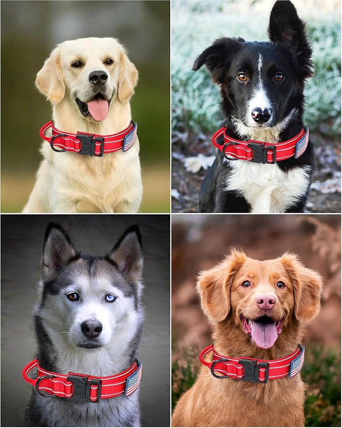 AUBELL Reflective Tactical Dog Collar,Adjustable Military Heavy Duty K9 Collars with Handle and Quick Release Metal Buckle Great for Extra Large Dogs, with Airtag Case and 2 Patches (Red,XL)