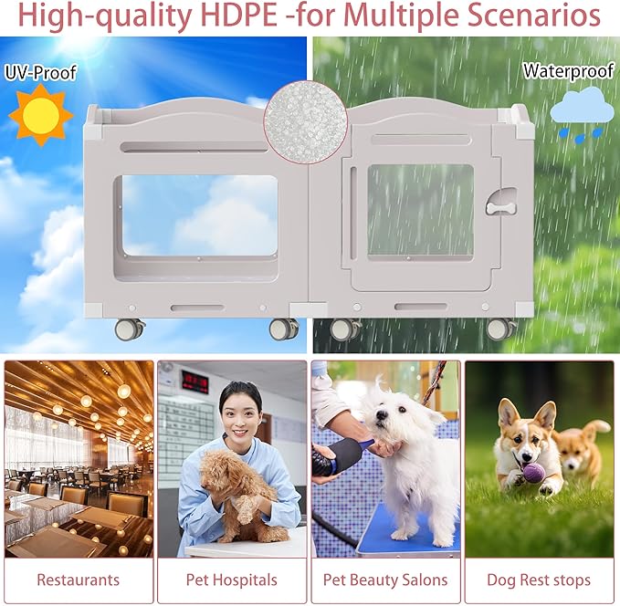 Acrylic Dog Playpen, Indoor Whelping Box with Pet Stroller, Puppy Playpen for Small Medium Pets, Cat Rabbit & Puppies, 6-Panel with Bottom Panel, 8 Wheels, Safe, Sturdy, Apricot Gray