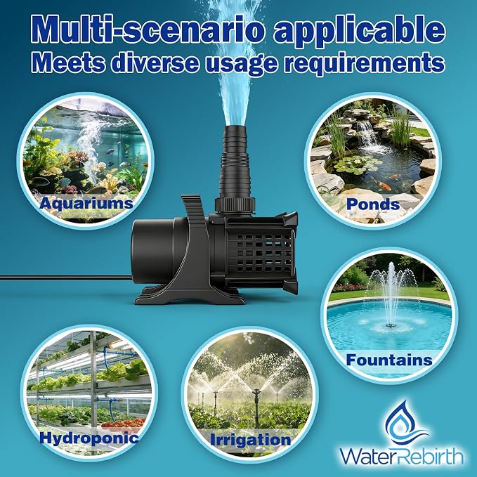 Pond Pump, 2400GPH 180W Adjustable Flow Submersible & Inline Water Pump, 16.5ft Lift, Copper Motor, IPX8 Waterproof for Outdoor Koi Pond, Fountain, Waterfall, Hydroponics