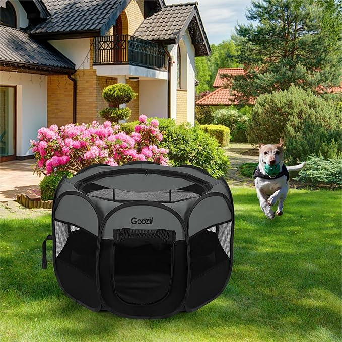 Goozii Portable Dog Playpen for Medium Dogs, Collapsible Pet Cat Kitten Puppy Playpen Indoors Outdoors with Zipper Top Cover (Medium Size, Grey-Black)