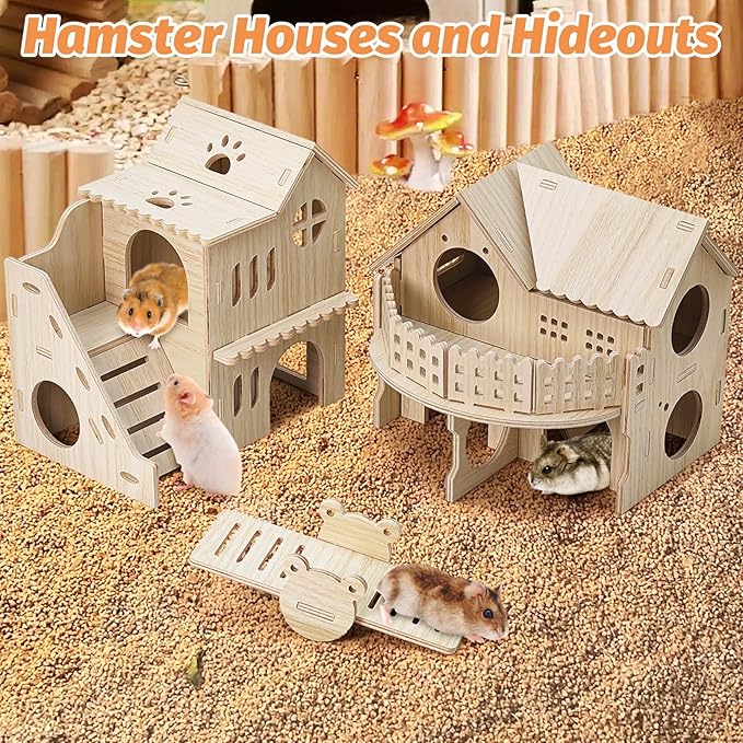 BNOSDM Double Hamster Hideout House, Wooden Hamster Toy with Balcony & Seesaw, Small Animals Hides for Syrian Dwarf Hamsters, Gerbils