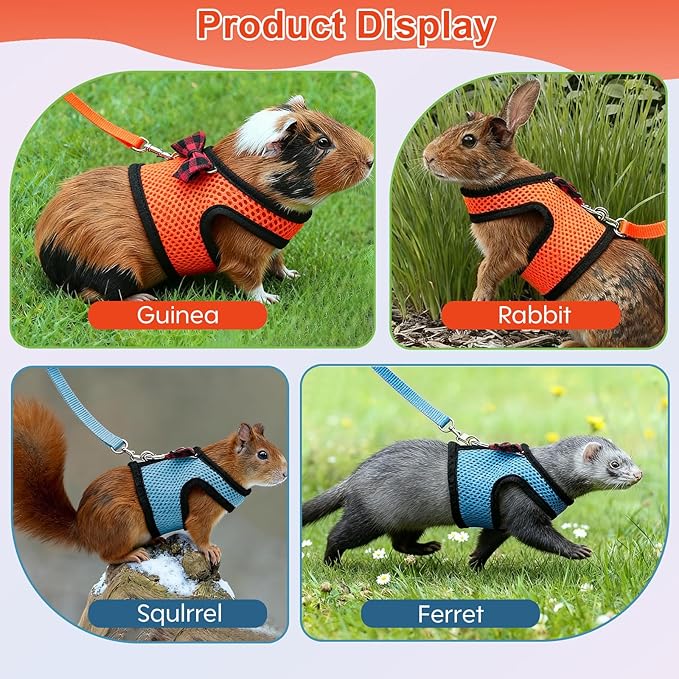 Guinea Pig Harness and Leash,2packs Guinea Pig Clothes Baby Ferret Rats Hamster Soft Mesh Harness Leash for Decoration,Hamster Harness can be Adjusted to Any Size. (Blue + Orange)