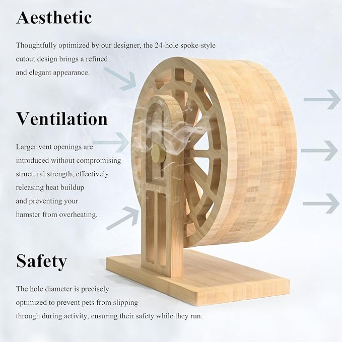 9" Silent Hamster Wheel, Carbonized Bamboo Running Wheel with Adjustable Height Stand for Syrian, Dwarf Hamsters, Gerbils & Mice