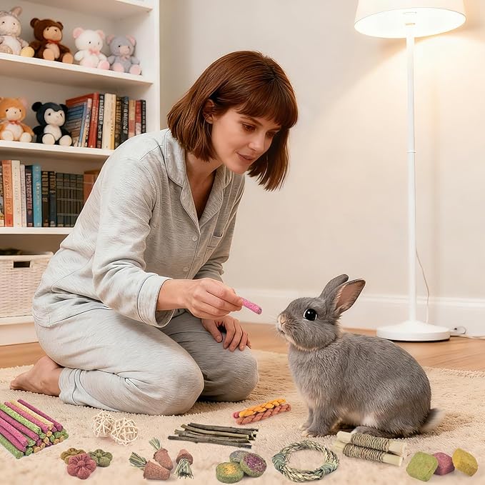 ERKOON 100PCS Rabbit Chew Toys, Natural Timothy Grass Cakes Guinea Pig Toys, Small Animal Teeth Grinding Treats for Bunny Hamster Chinchilla, Safe Dental Care Snacks