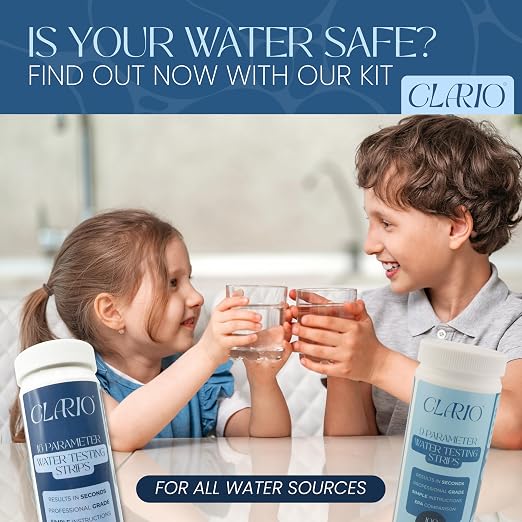 Clario - 25 in 1 Water Tester for Drinking Water - Water Hardness Test Kit for Aquarium, Well, Pool, and Hot Tub - 100 Complete Drinking Water Test Kit - Detects Lead, Chlorine, pH, Hardness and More