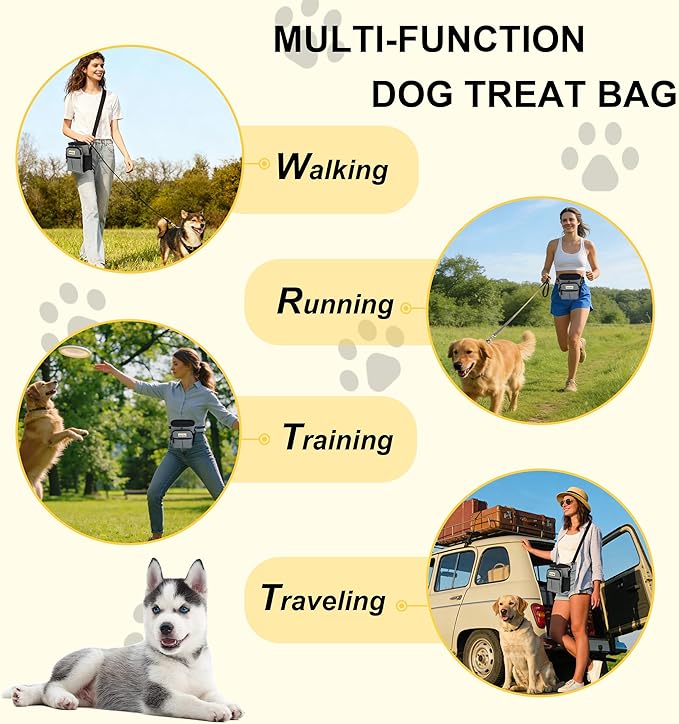 Dog Treat Pouch Open Top for Quick & Spill-Proof Access, Removable Pouch|Poop Bag Dispenser|3 Ways to Wear, Dog Treat Bag - Collapsible Bowl, Training Clicker & Poop Bag for Training & Walking. (Grey)