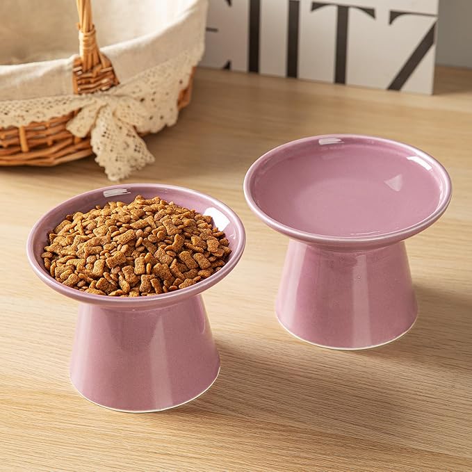 6.2 Inch Extra Wide Elevated Ceramic Cat Bowls, Food and Water Bowl Set for Elder Big Cats Small Dogs, Raised Design for Pet Easy Eating, Protect Cat's Spine Set of 2(Dark Purple)