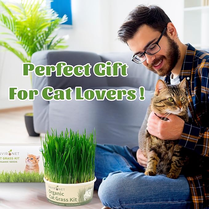 Cat Grass Kit for Indoor Cat, Organic Grass Growing Kit with Seeds, Soil and Planting Tools, Quick Germination, Perfect for Beginners