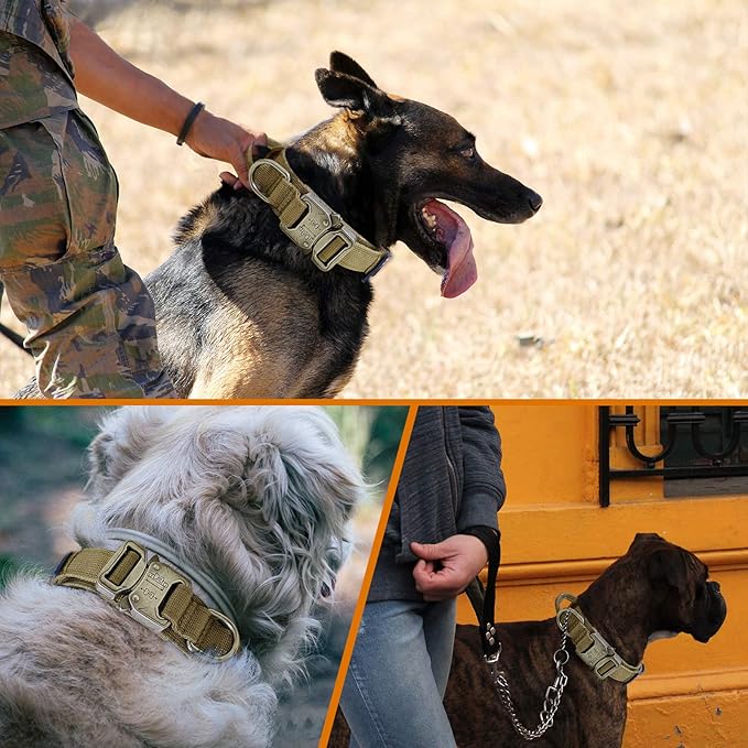 Celifelight Tactical Dog Collar, Adjustable Nylon, Heavy Duty Metal Buckle with Handle, Airtag Protective Case, Brown, L, Medium & Large Breeds