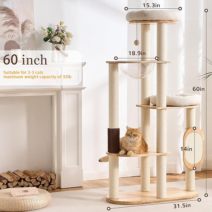 Modern Cat Tree Tower with Scratching Post for Indoor, Solid Wood Multifunctional Cat Tree Tower with Soft Bed, Space Capsule, Sisal Scratching Board, Grooming Post, Dangling Ball