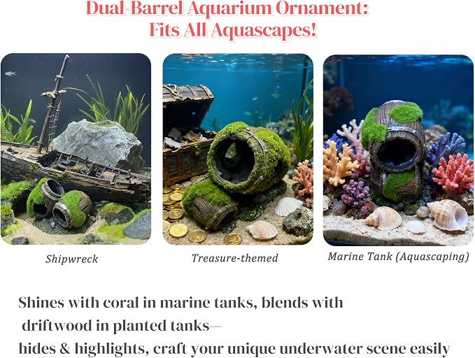 Moss-Covered Twin Broken Barrels Aquarium Decor – Resin Fish Tank Hideout with Artificial Moss for Betta, Shrimp & Small Fish