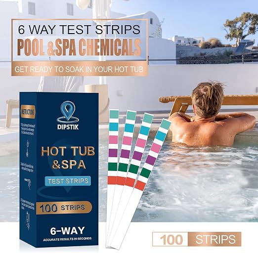 DIPSTIK Pool and Spa Test Strips-6 in 1 Hot Tub Test Strips,100 Counts | Accurate Swimming Water Test for pH, Total Hardness, Bromine, Free Chlorine, and Total Chlorine Test Strips,