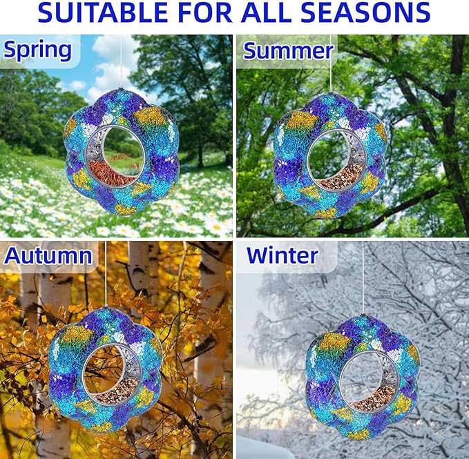 VOREEN Mosaic Glass Bird Feeder, Handcrafted Hanging Fly-Through Feeder for Outdoor Garden & Backyard, Blue Flower Mosaic Style