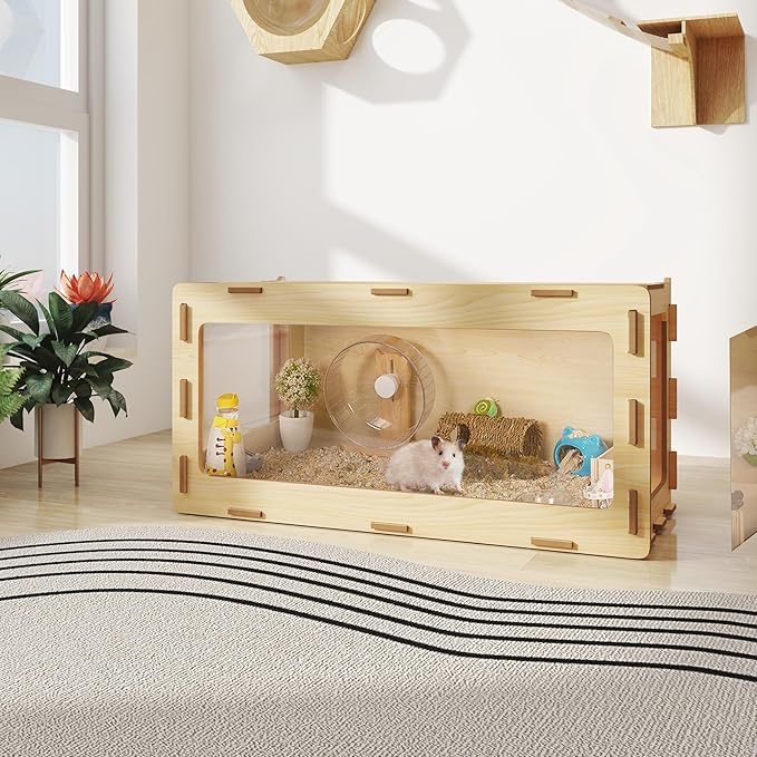 COZIWOW Hamster Cage 32", Large Wooden 270° Panoramic View Chewproof Habitat, Bigger World Small Animal House with Openable Top & Acrylic Panels for Syrian, Dwarf Hamsters, Gerbils