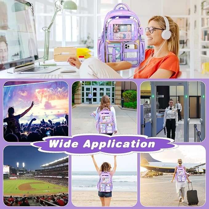 PAMANO Clear Backpack for Girls, Heavy Duty Transparent Bookbag for Kids, See Through Cute Backpacks for Elementary Primary School Work Sport Travel - Purple