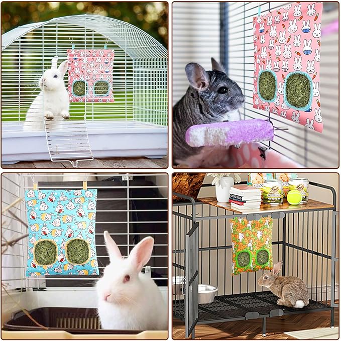UPINS 3 Hay Bag for Rabbits 2-Hole Hanging Hay Feeder Guinea Pig Hay Bags, Hay Feeder for Rabbits Chinchillas Hamsters Small Pets and Animals(Light Color)
