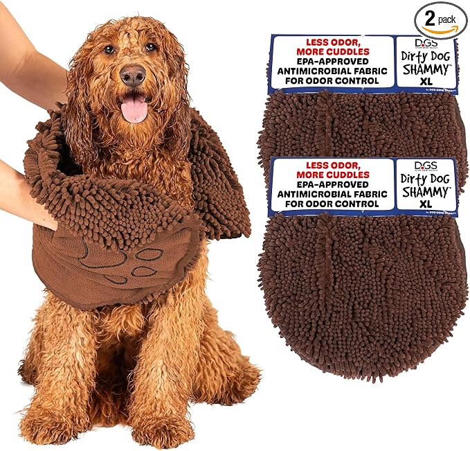 Dog Gone Smart The Dirty Dog Shammy - 2-Pack, Fast Drying Plush Shammy Towel with Dual Hand Pockets and Elastic - Super Absorbent Polyamide Microfiber & Machine Washable - Brown, X-Large